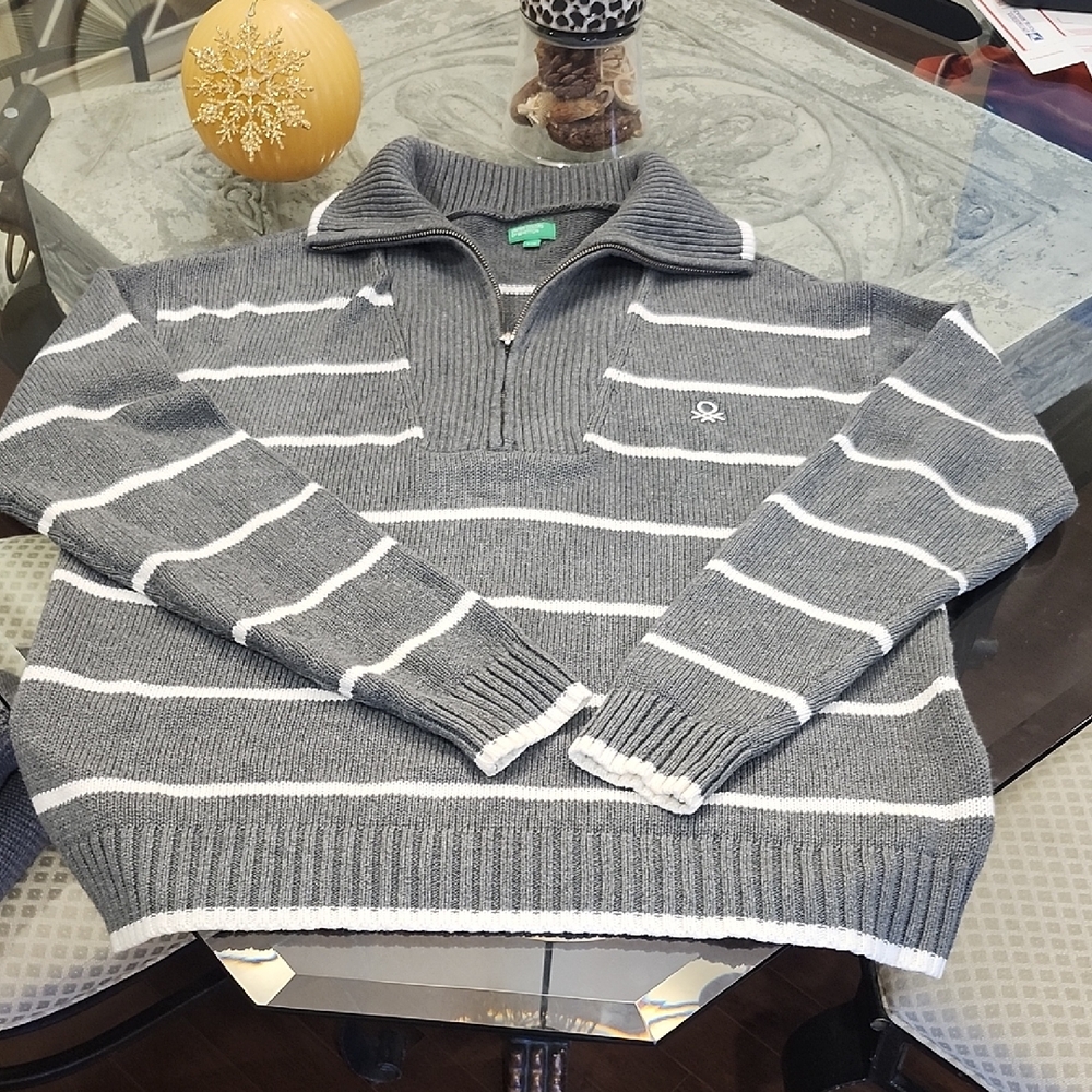 United Collors Of Benetton Men's Gray Striped Cowl Neck Zip Sweater Pullover L